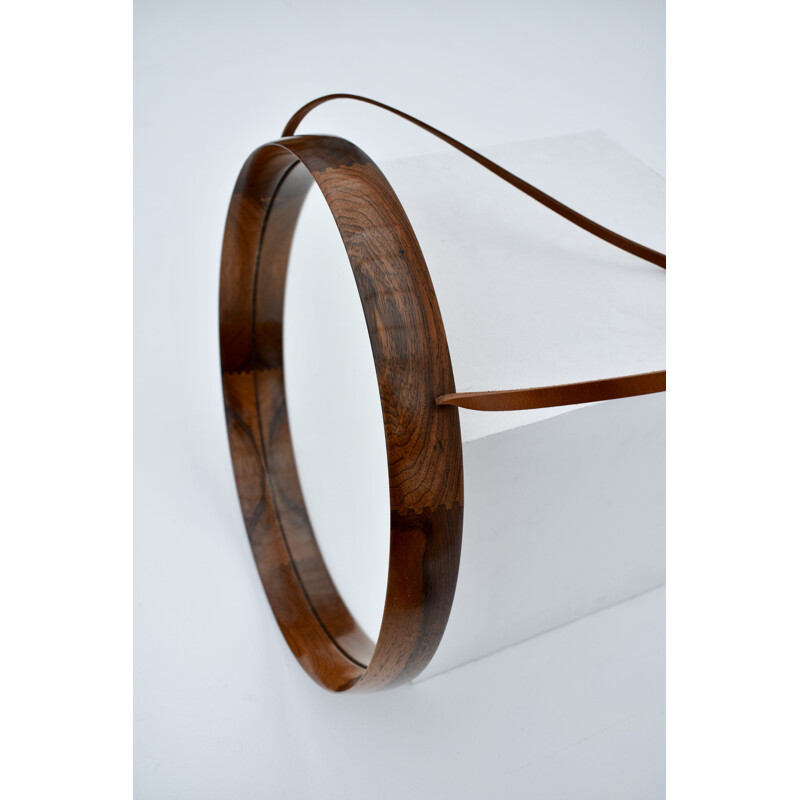 Vintage wall mirror in rosewood and leather by Uno and Östen Kristiansson for Luxus, Sweden