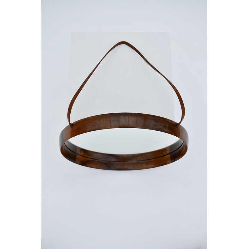 Vintage wall mirror in rosewood and leather by Uno and Östen Kristiansson for Luxus, Sweden