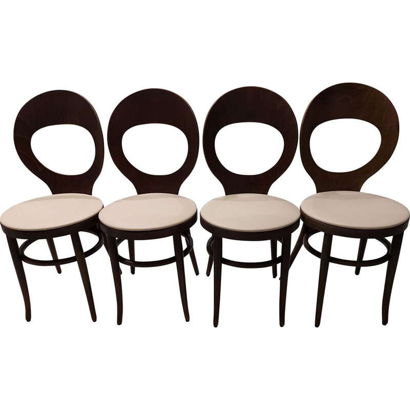 Ensemble de 4 chaises vintage Mouette en hêtre et similicuir, 1970