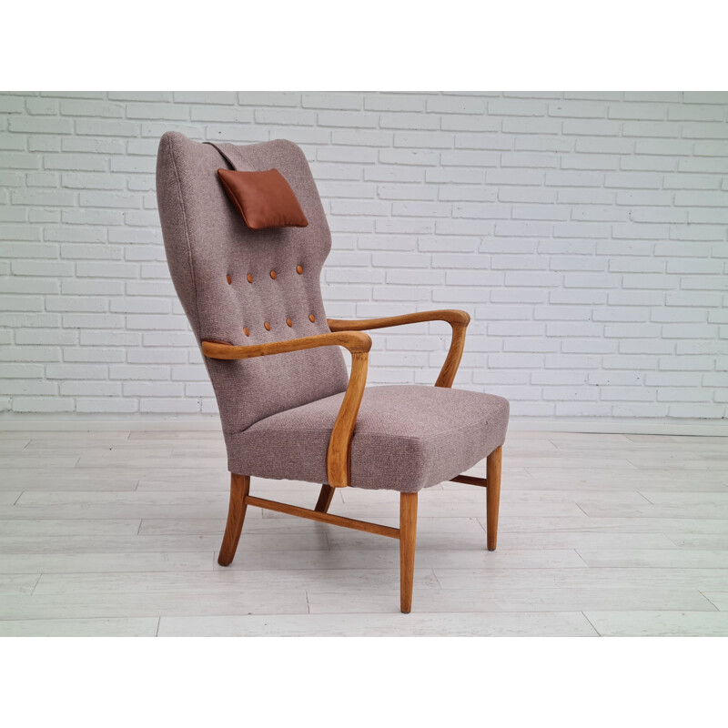 Danish vintage armchair in wool and oakwood, 1960s