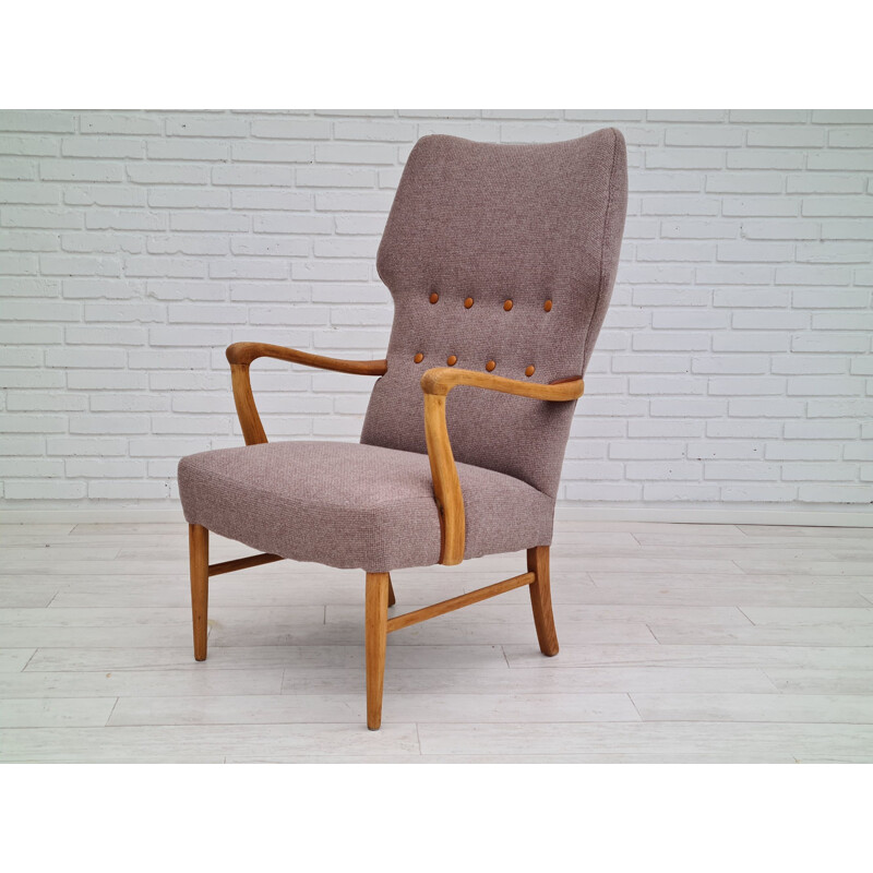 Danish vintage armchair in wool and oakwood, 1960s