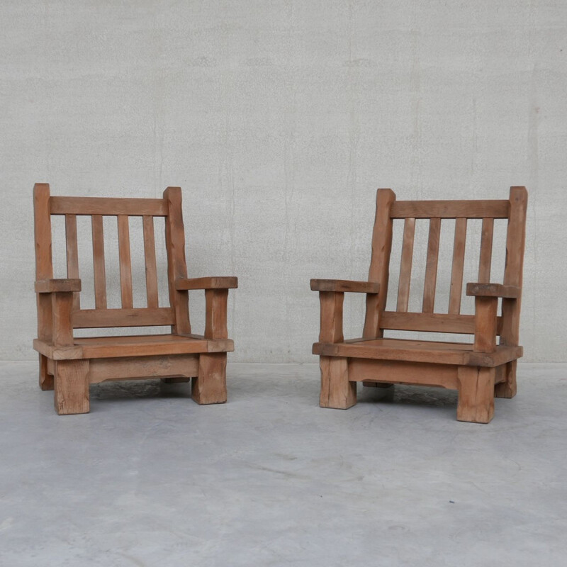 Pair of vintage oakwood chunky brutalist armchairs, France 1950s