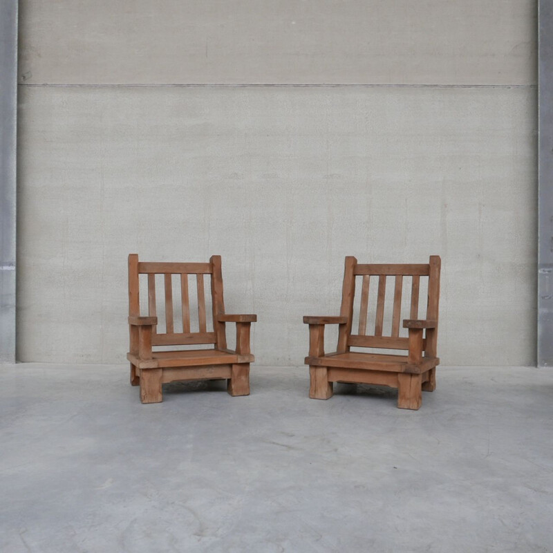 Pair of vintage oakwood chunky brutalist armchairs, France 1950s