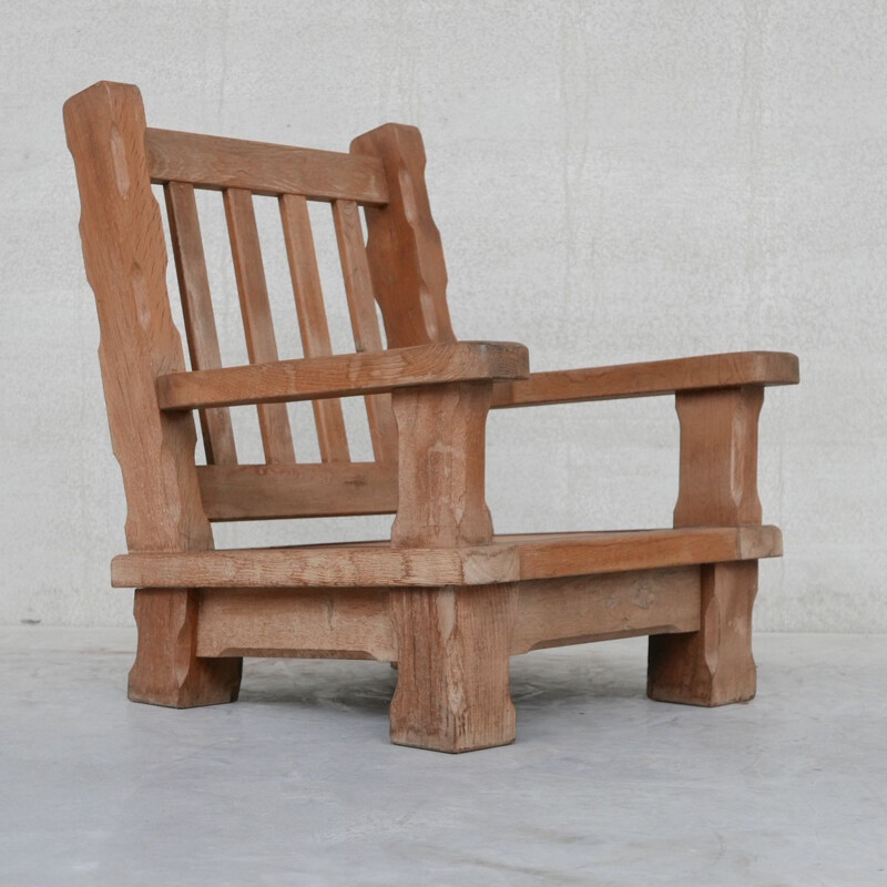 Pair of vintage oakwood chunky brutalist armchairs, France 1950s