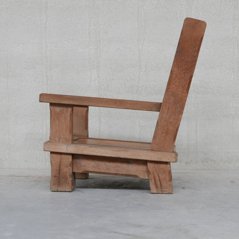 Pair of vintage oakwood chunky brutalist armchairs, France 1950s