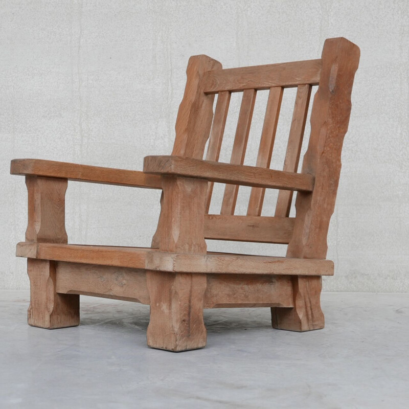 Pair of vintage oakwood chunky brutalist armchairs, France 1950s