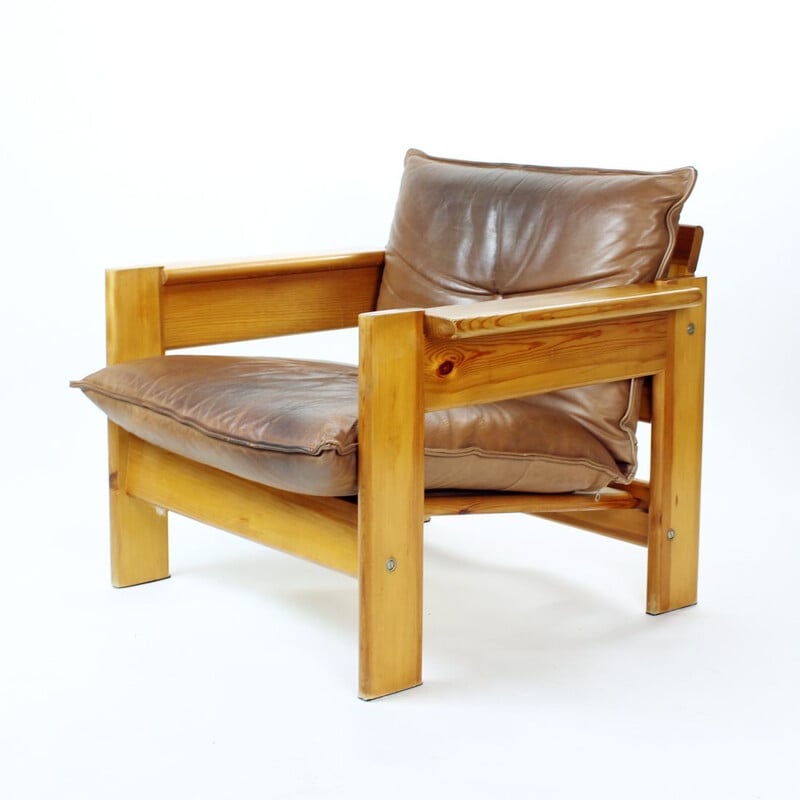 Pair of vintage leather and wood armchairs, Czechoslovakia 1970