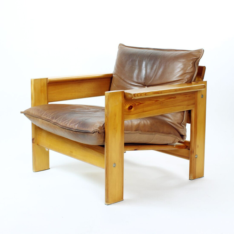 Paire de fauteuils vintage en cuir et bois, Tchécoslovaquie 1970