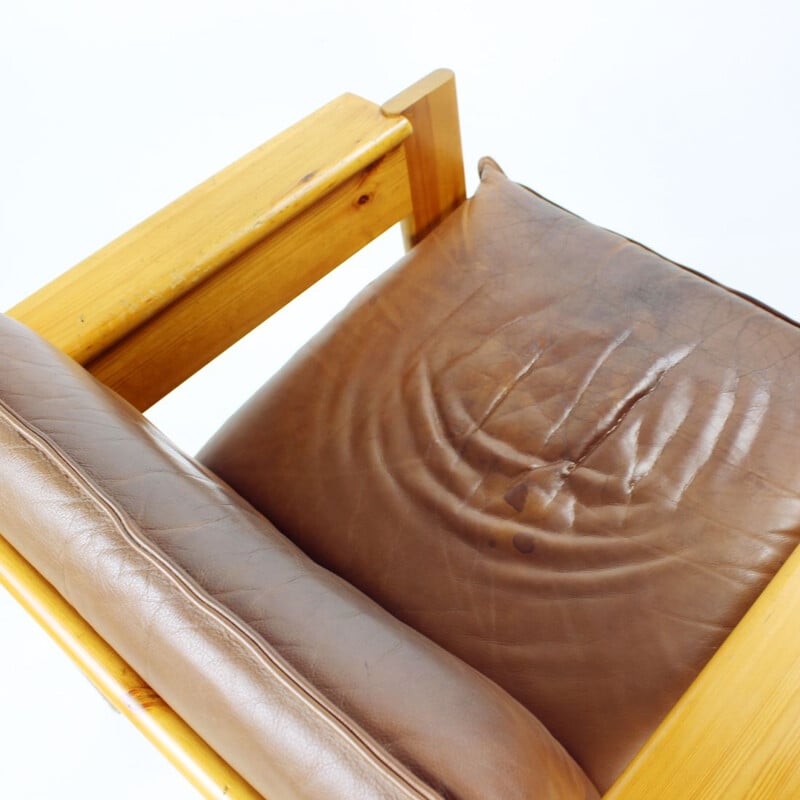 Pair of vintage leather and wood armchairs, Czechoslovakia 1970