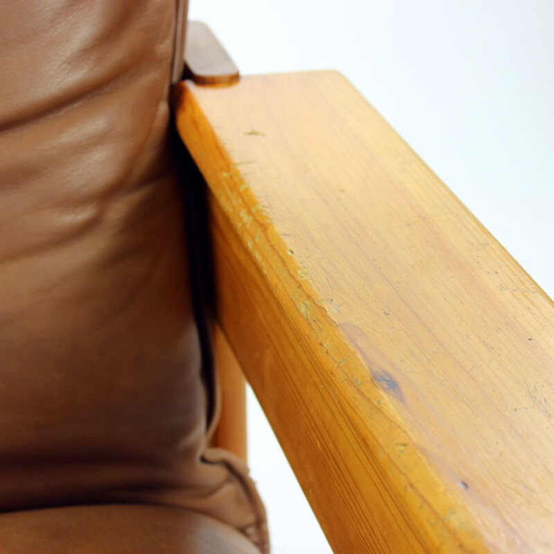 Pair of vintage leather and wood armchairs, Czechoslovakia 1970