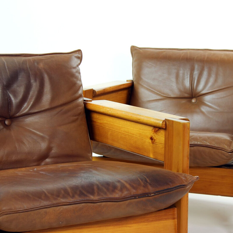 Pair of vintage leather and wood armchairs, Czechoslovakia 1970