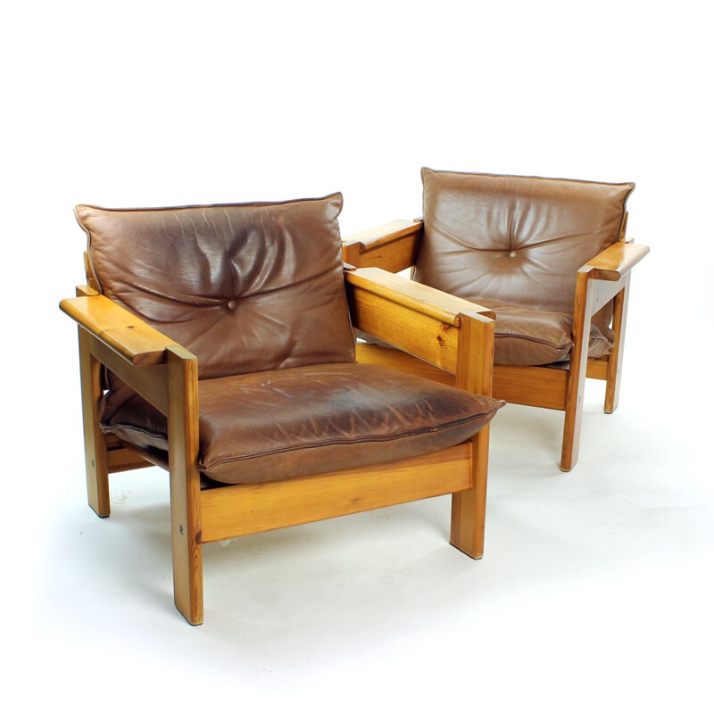 Pair of vintage leather and wood armchairs, Czechoslovakia 1970