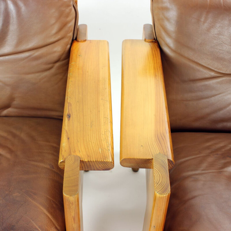 Pair of vintage leather and wood armchairs, Czechoslovakia 1970