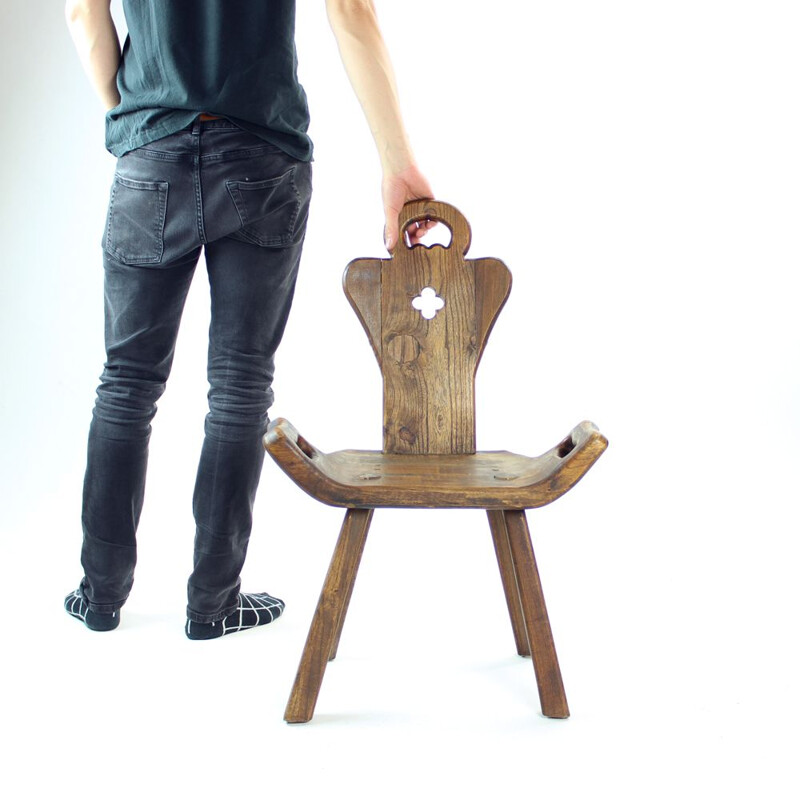 Vintage handmade wooden side chair, Netherlands 1930