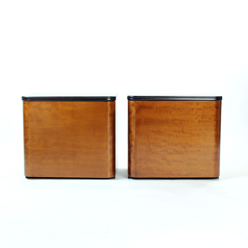 Pair of vintage minimalistic Art Deco night stands in wood, Czechoslovakia 1940s