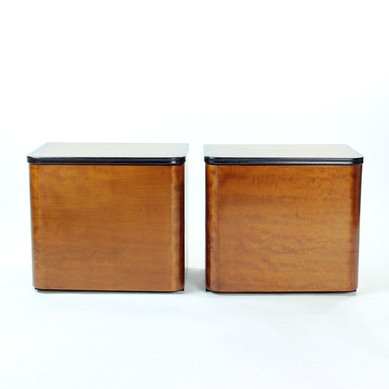 Pair of vintage minimalistic Art Deco night stands in wood, Czechoslovakia 1940s