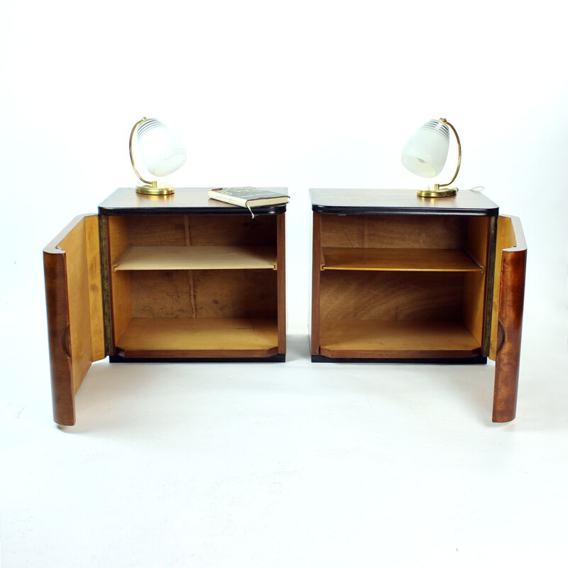 Pair of vintage minimalistic Art Deco night stands in wood, Czechoslovakia 1940s