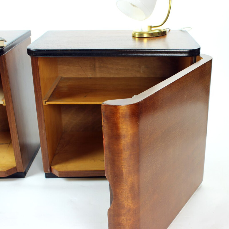 Pair of vintage minimalistic Art Deco night stands in wood, Czechoslovakia 1940s