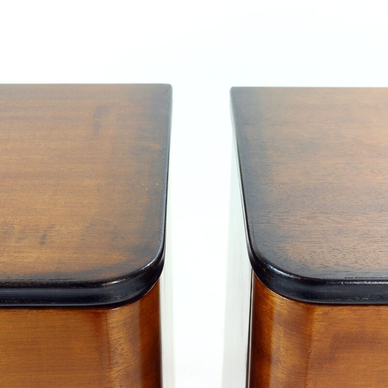 Pair of vintage minimalistic Art Deco night stands in wood, Czechoslovakia 1940s