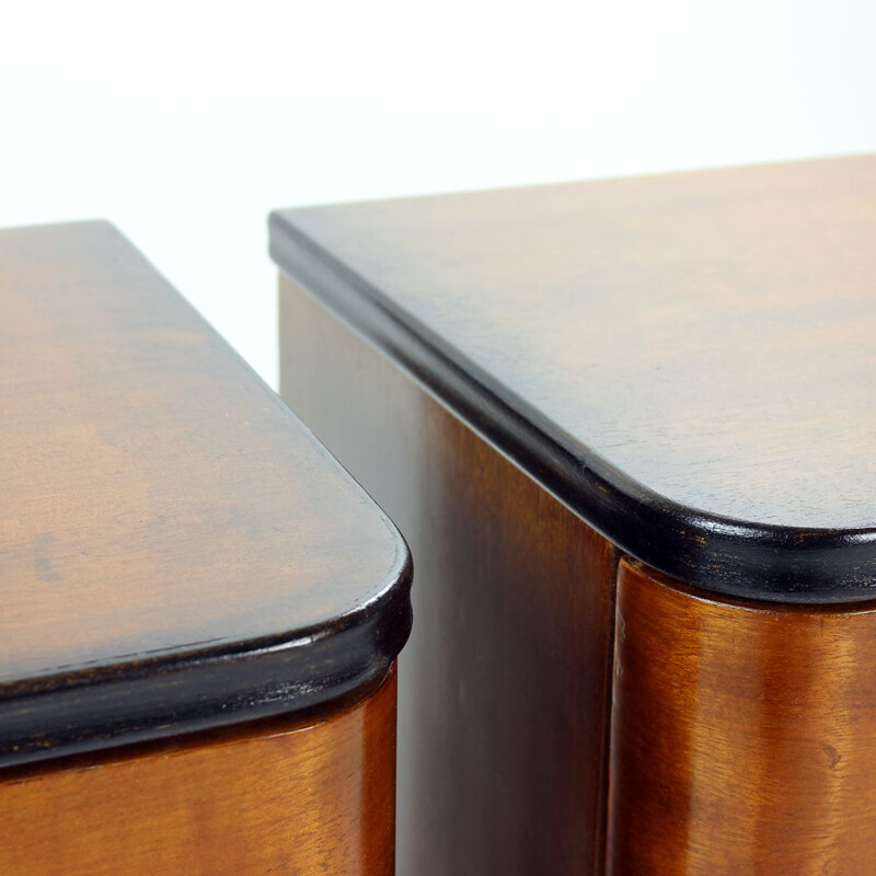 Pair of vintage minimalistic Art Deco night stands in wood, Czechoslovakia 1940s