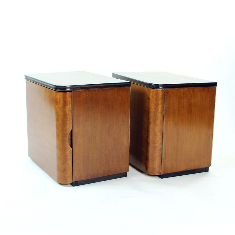 Pair of vintage minimalistic Art Deco night stands in wood, Czechoslovakia 1940s