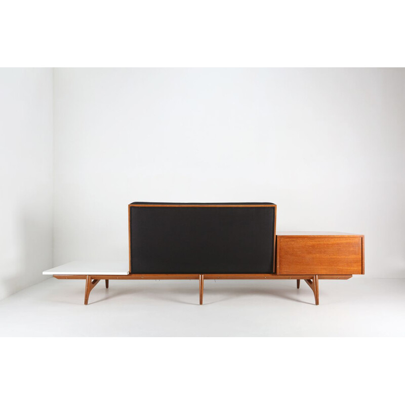 Vintage bench in dark blue linen and teak with a small table and drawers, 1960