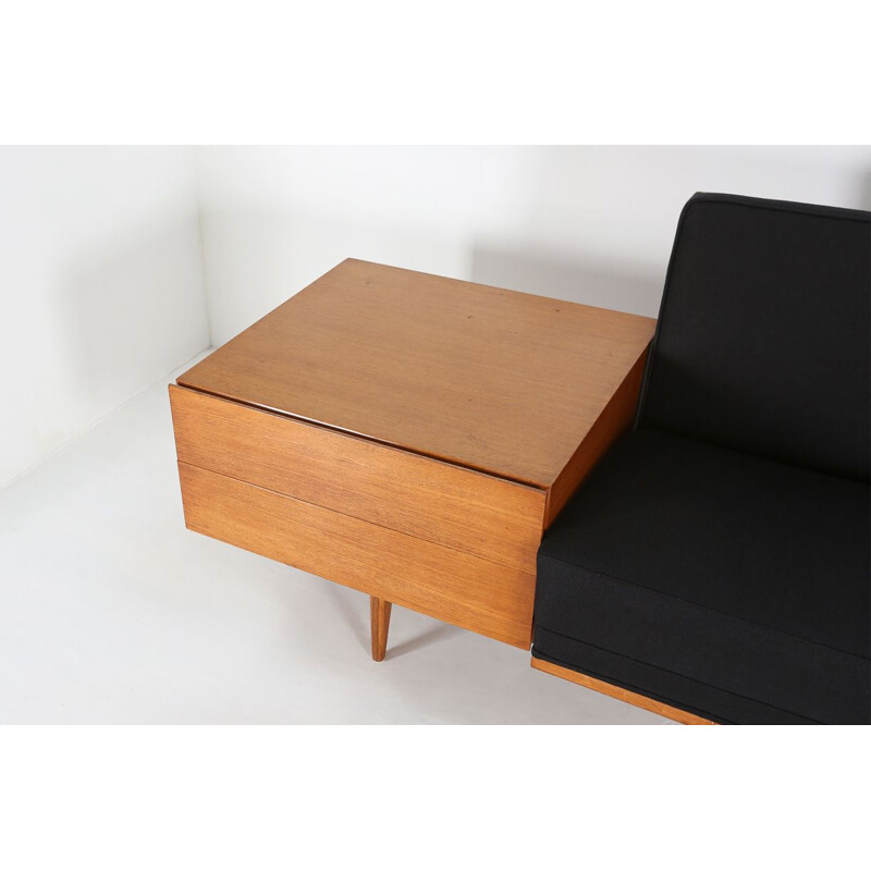 Vintage bench in dark blue linen and teak with a small table and drawers, 1960