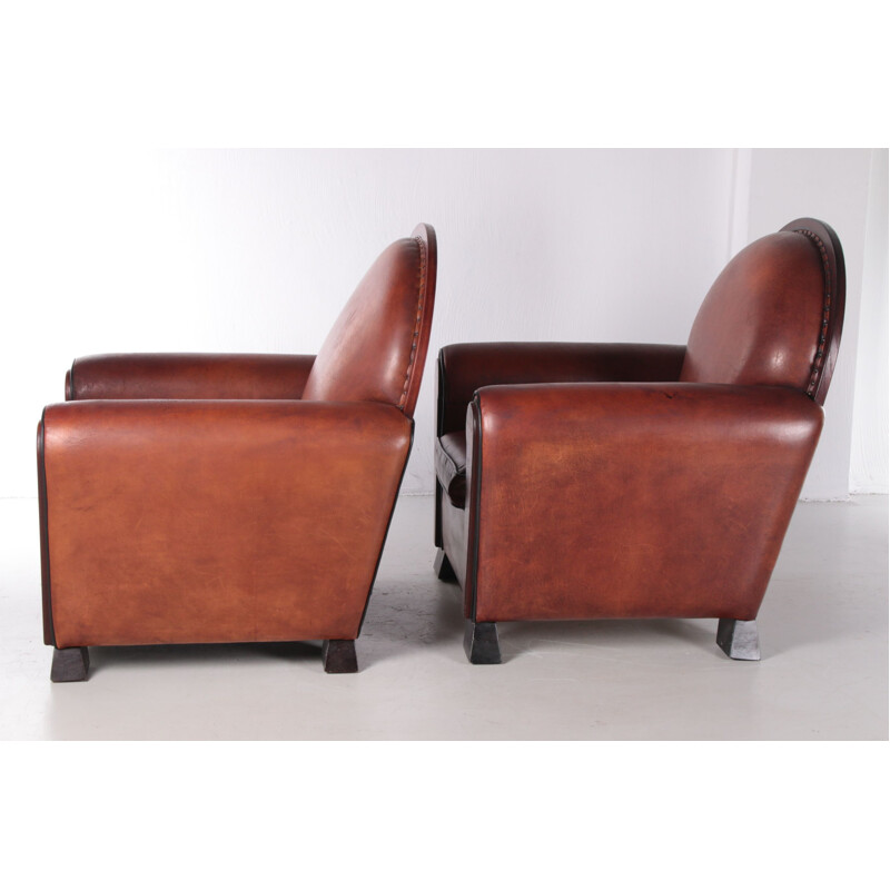 Paire de fauteuils Art déco vintage en cuir de mouton par Lounge Atelier, 1960