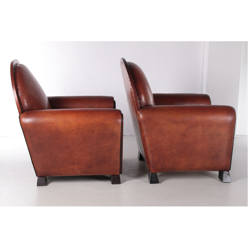 Paire de fauteuils Art déco vintage en cuir de mouton par Lounge Atelier, 1960