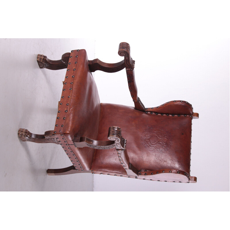 Vintage leather Castle armchair with shell relief, Germany 1950s