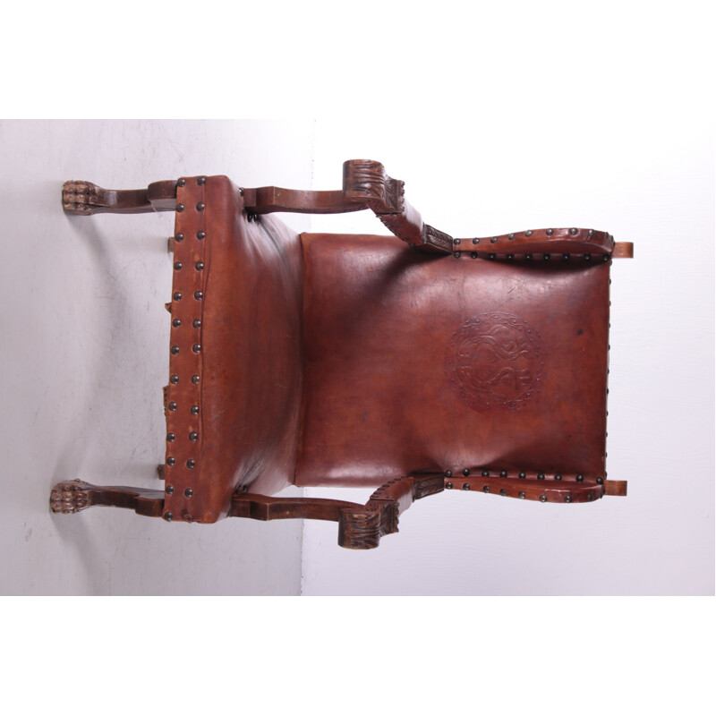 Vintage leather Castle armchair with shell relief, Germany 1950s