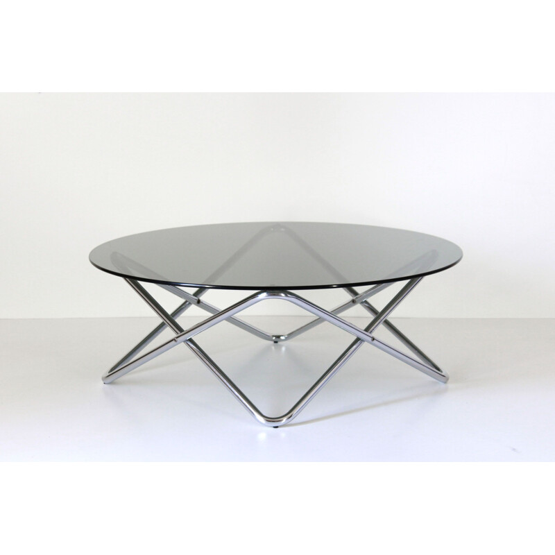 Vintage coffee table with smoked glass top and chrome frame, Italy 1970