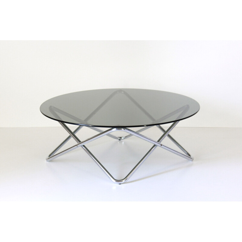 Mesa de centro vintage con tapa de cristal ahumado y marco cromado, Italia 1970