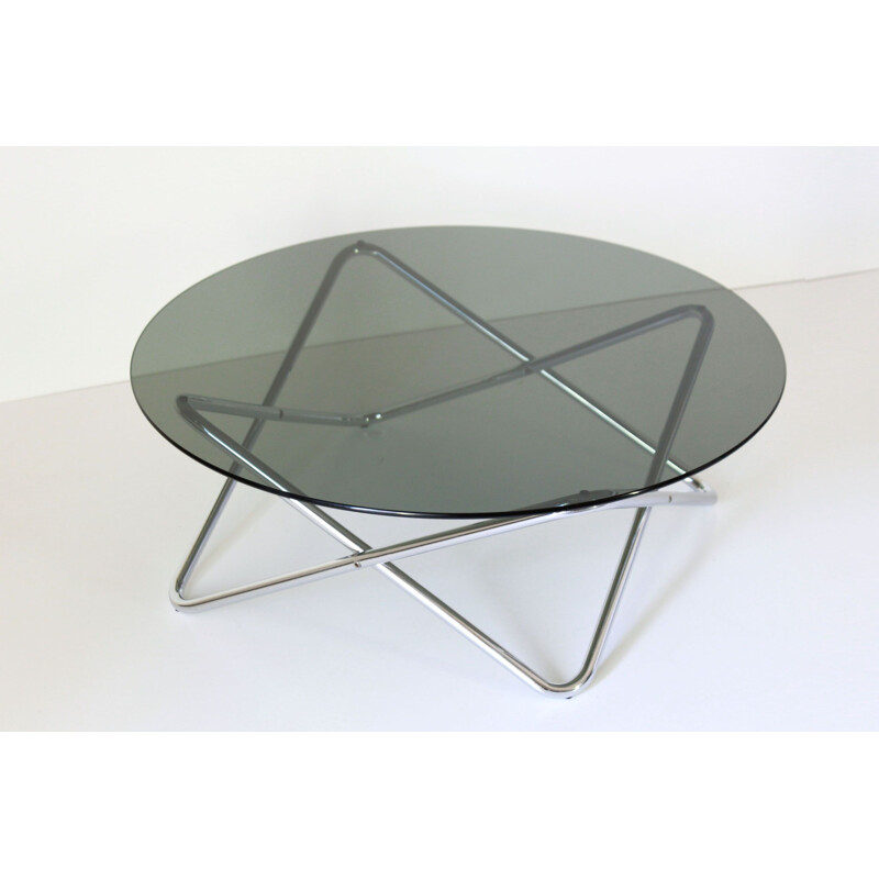 Vintage coffee table with smoked glass top and chrome frame, Italy 1970