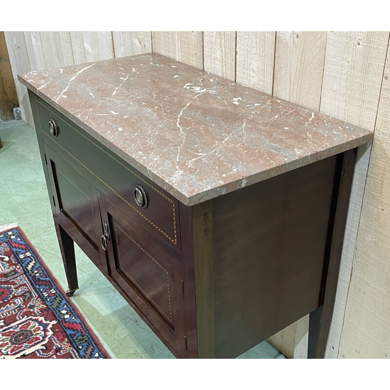 Vintage English mahogany sideboard with marble top, 1930