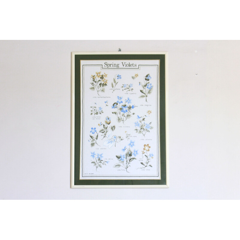 Vintage painting of violets with a wooden frame, 1960