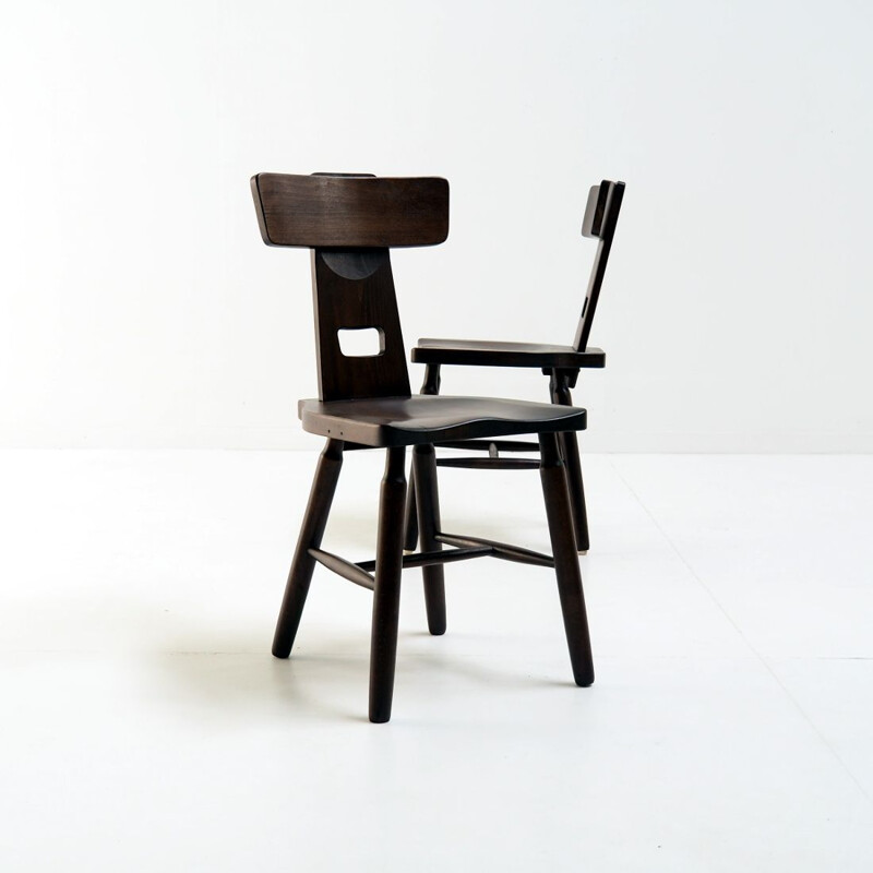 Pair of vintage brutalist side chairs in beech wood, 1960-1970s