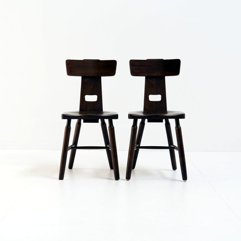 Pair of vintage brutalist side chairs in beech wood, 1960-1970s