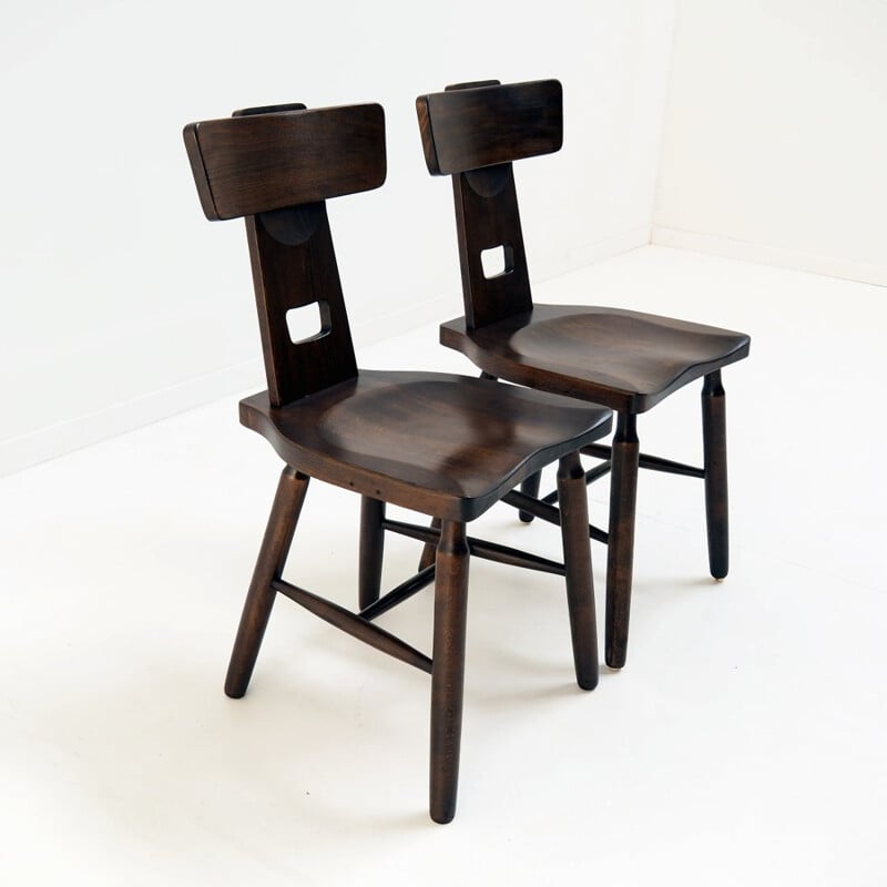 Pair of vintage brutalist side chairs in beech wood, 1960-1970s