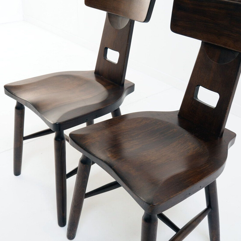 Pair of vintage brutalist side chairs in beech wood, 1960-1970s