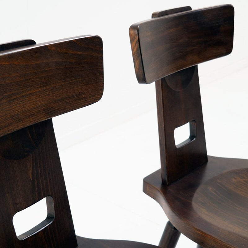 Pair of vintage brutalist side chairs in beech wood, 1960-1970s