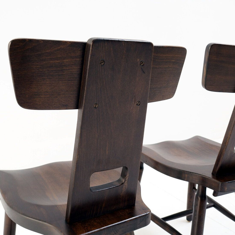 Pair of vintage brutalist side chairs in beech wood, 1960-1970s