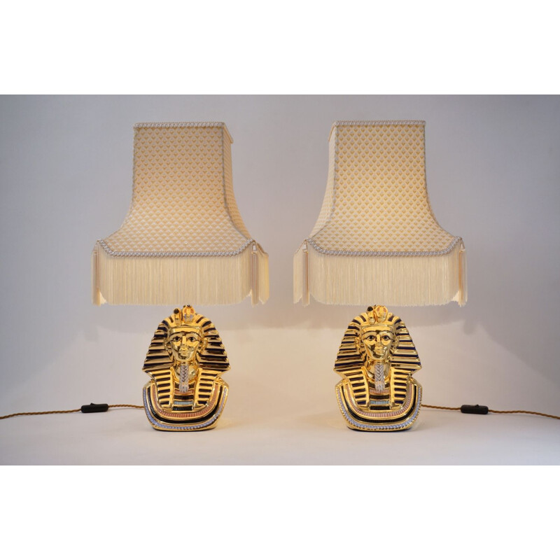 Pair of vintage Tutankhamun lamps in Capodimonte porcelain by Vittorio Sabadin, Italy 1980s