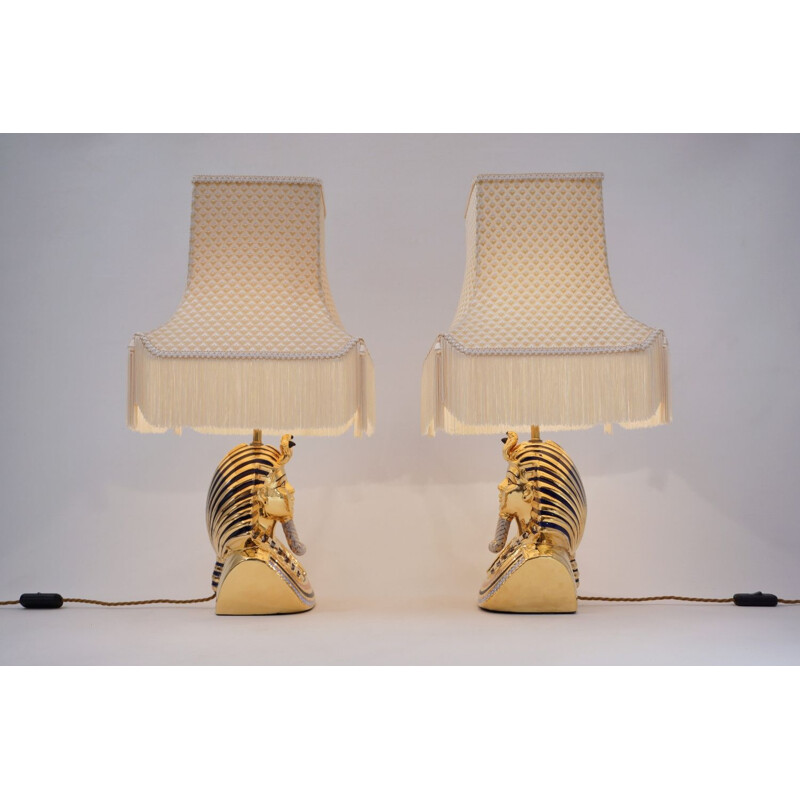 Pair of vintage Tutankhamun lamps in Capodimonte porcelain by Vittorio Sabadin, Italy 1980s