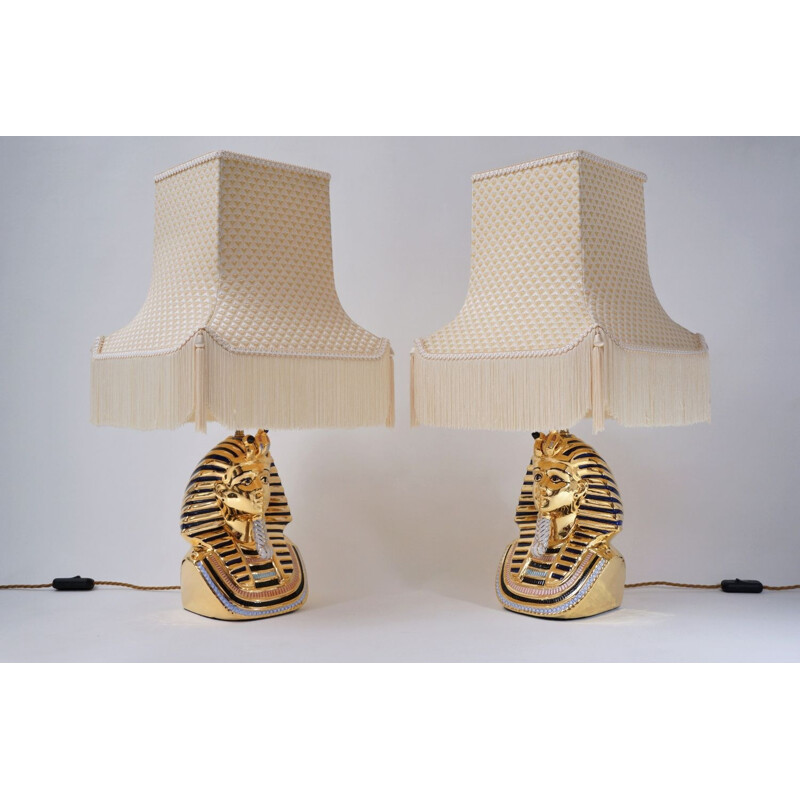 Pair of vintage Tutankhamun lamps in Capodimonte porcelain by Vittorio Sabadin, Italy 1980s