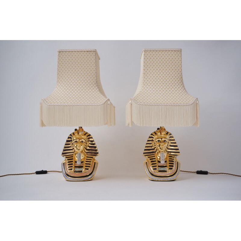 Pair of vintage Tutankhamun lamps in Capodimonte porcelain by Vittorio Sabadin, Italy 1980s