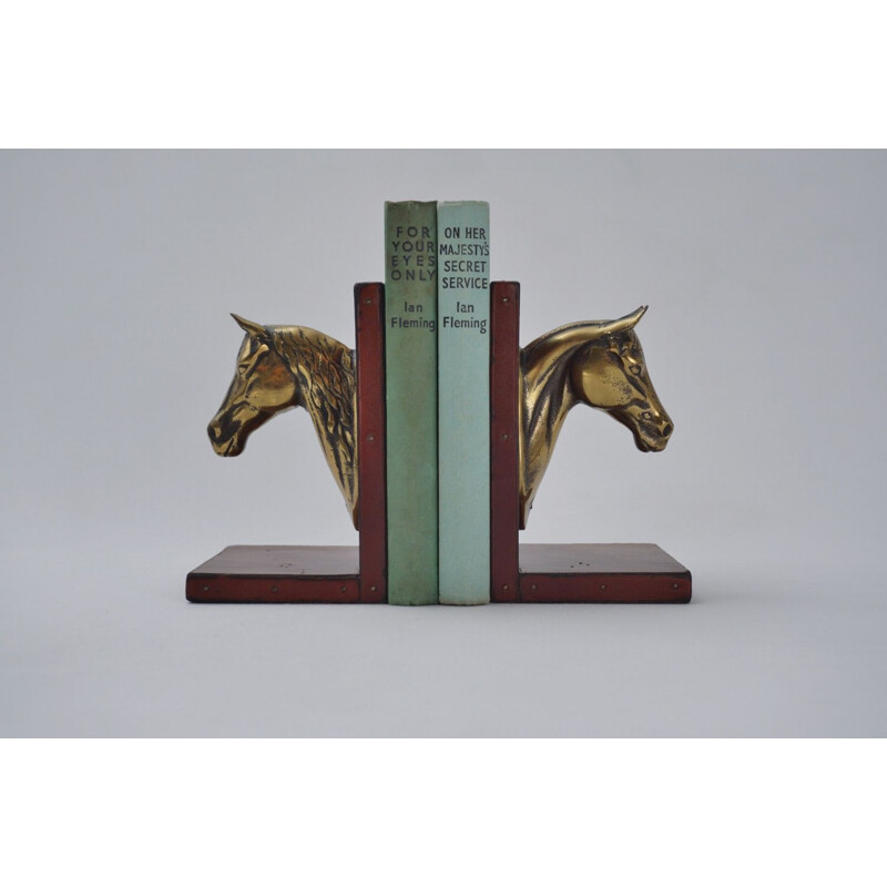 Pair of vintage French horse bookends in brass & leather, 1950s