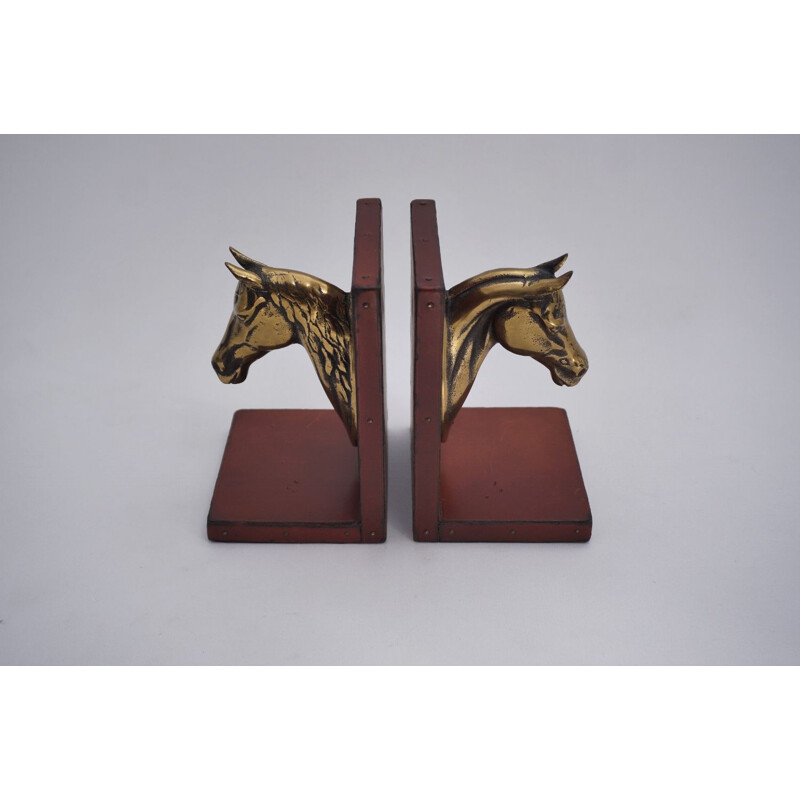 Pair of vintage French horse bookends in brass & leather, 1950s