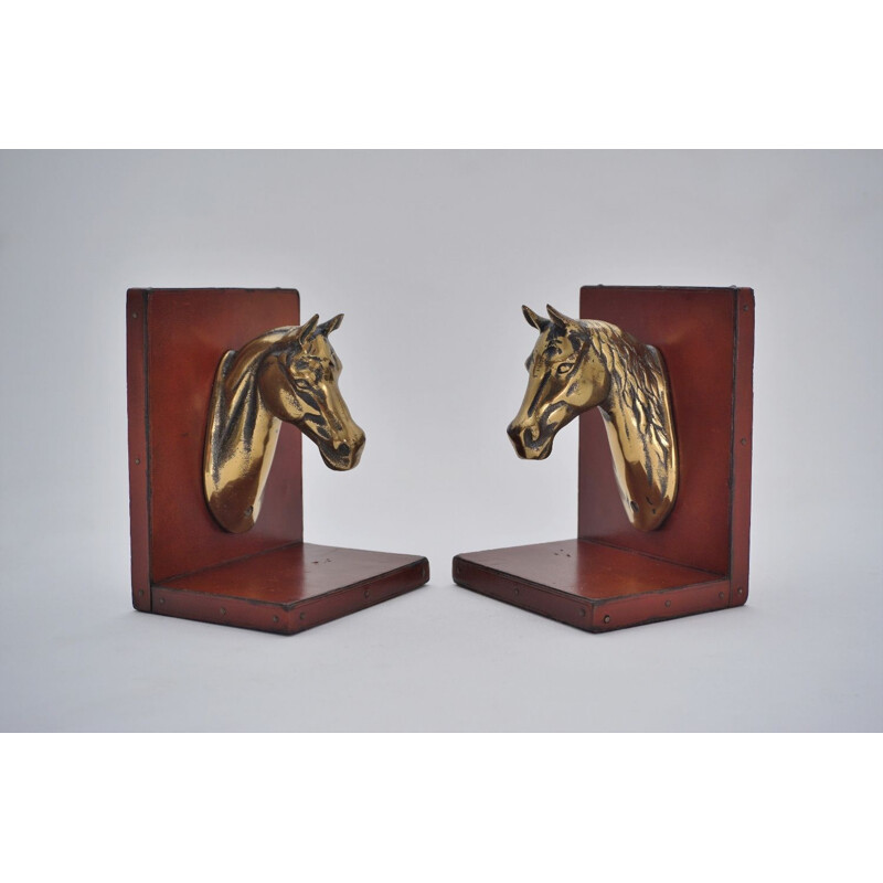 Pair of vintage French horse bookends in brass & leather, 1950s