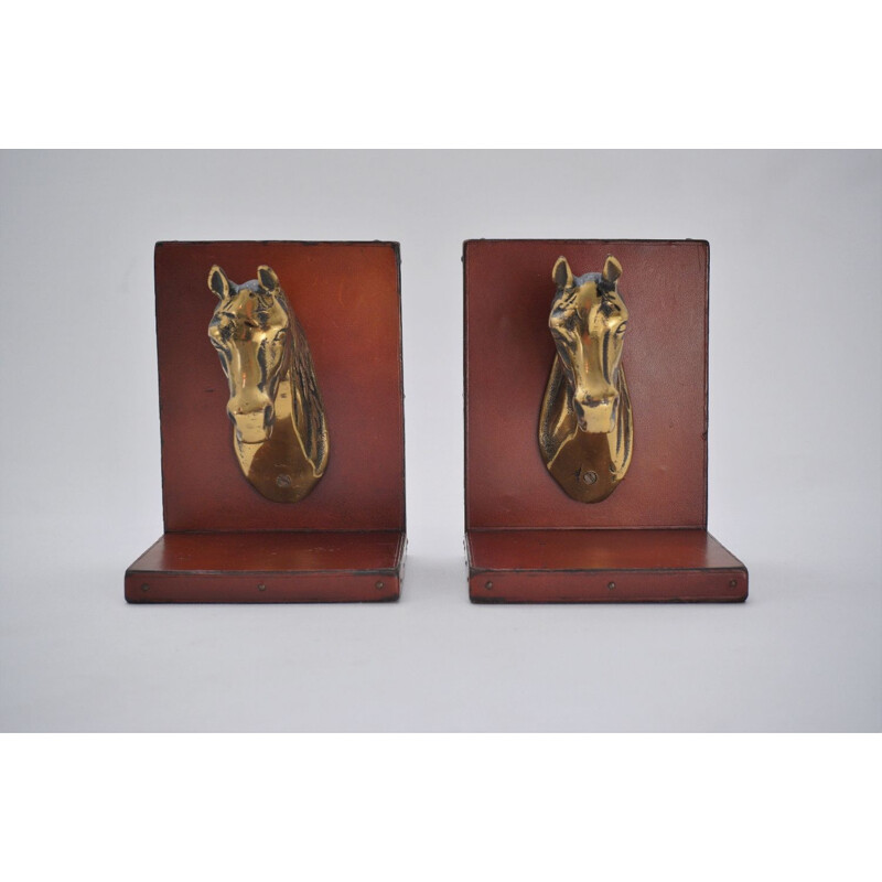 Pair of vintage French horse bookends in brass & leather, 1950s